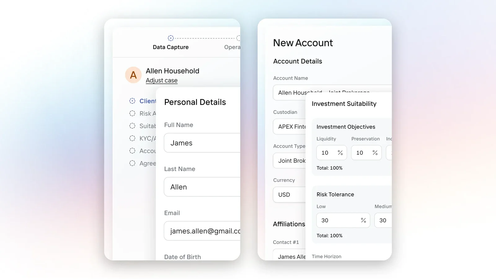 OneVest Operate Data Capture case for the Allen Household beside a New Account setup screen showing account details and investment suitability, on a pastel gradient