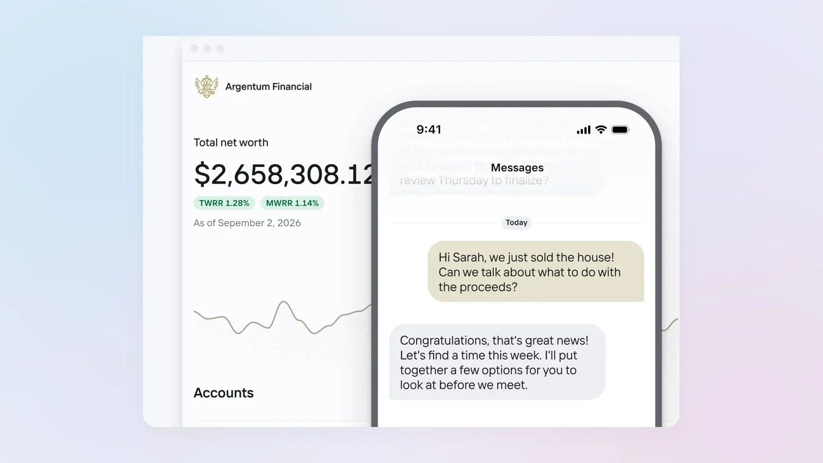 OneVest Engage branded client portal showing total net worth beside a mobile message thread where a client tells their advisor about a home sale