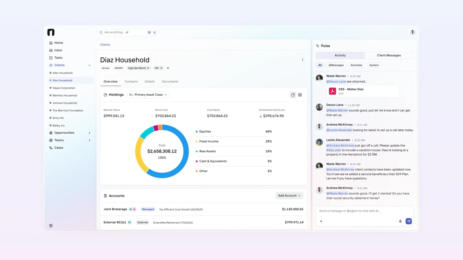 OneVest advisor workspace showing a household overview, Ask anything AI search and a Pulse feed with an @agent chat box