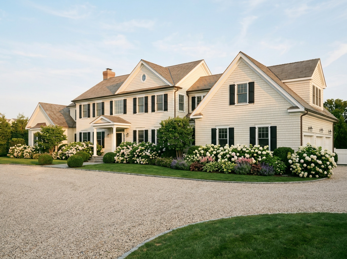Manicured foundation garden bed along a Long Island shingle home