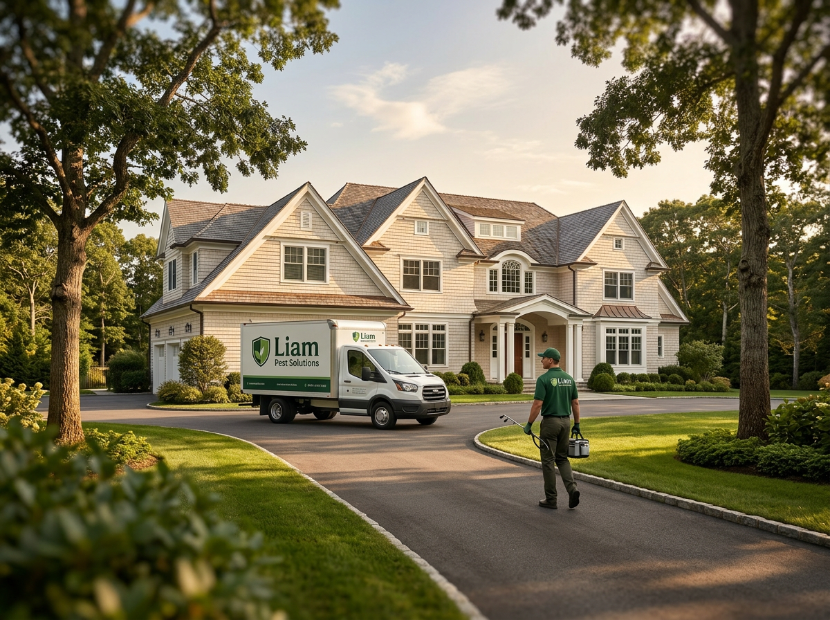 Branded Liam service truck arriving at a tree-lined Long Island estate