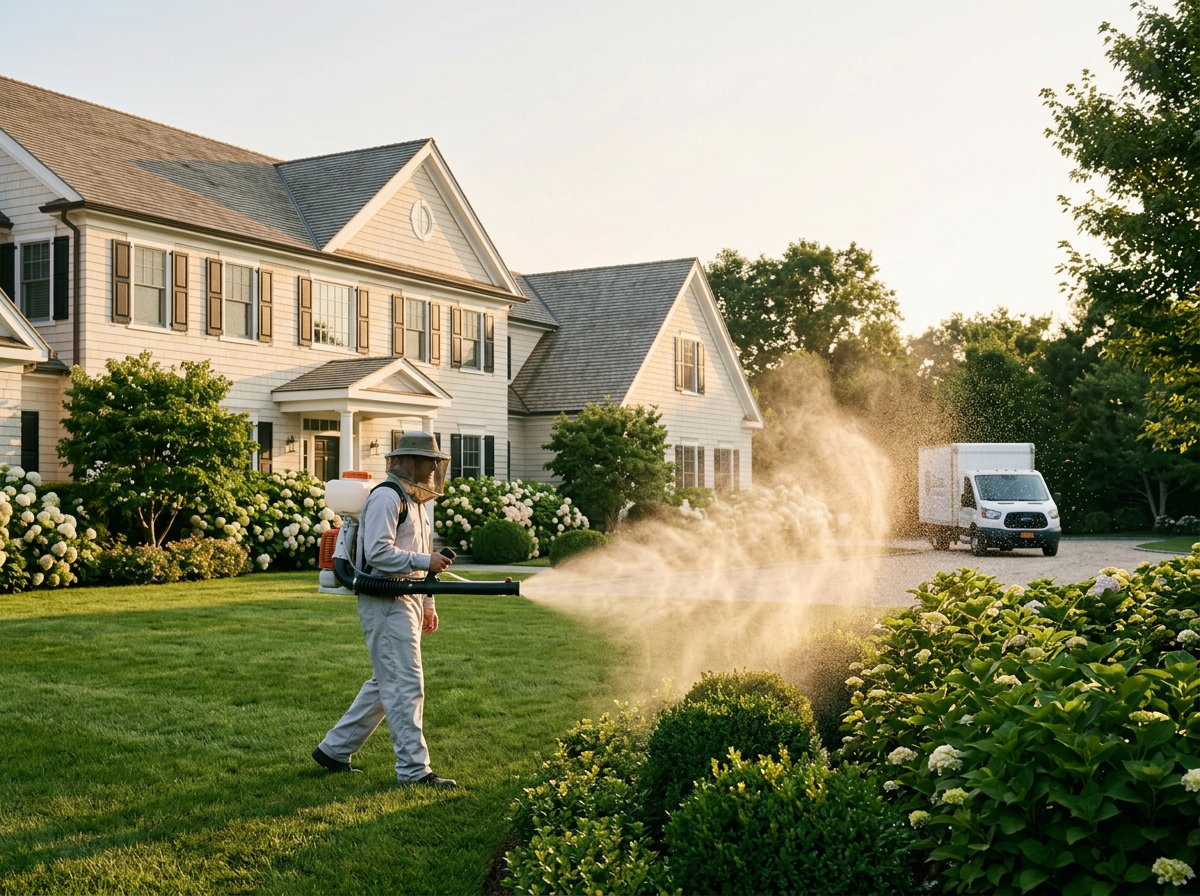 Fine mist mosquito and tick treatment applied to a manicured backyard lawn