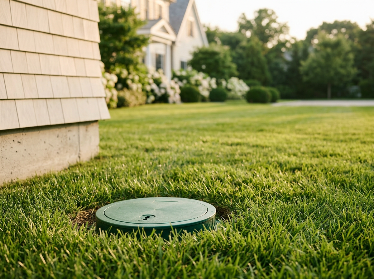 Discreet green termite monitoring station installed in a manicured lawn