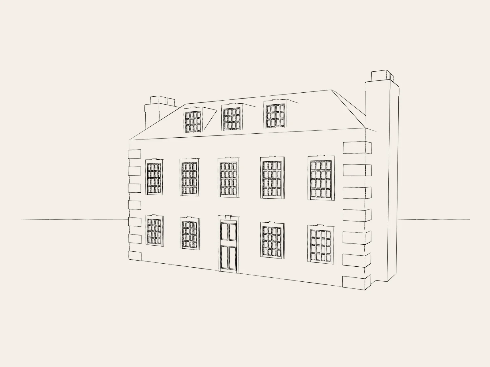 Hand-drawn perspective of a traditional house on a warm ivory background