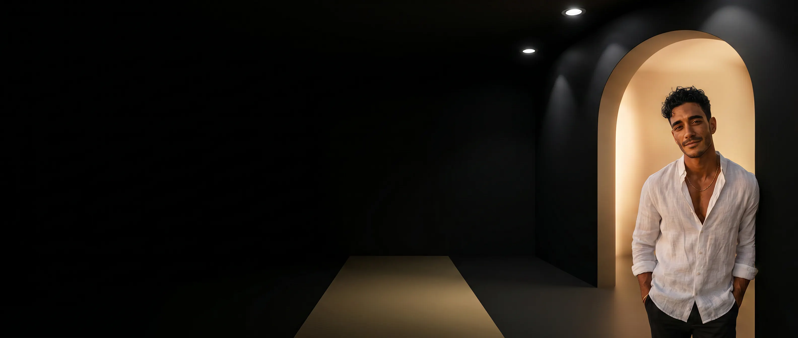 A DearHim companion waiting in a softly lit doorway