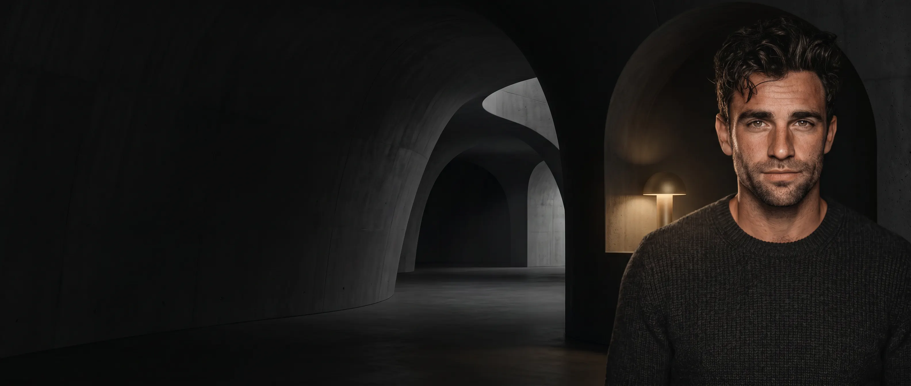 A DearHim companion in a quiet architectural space
