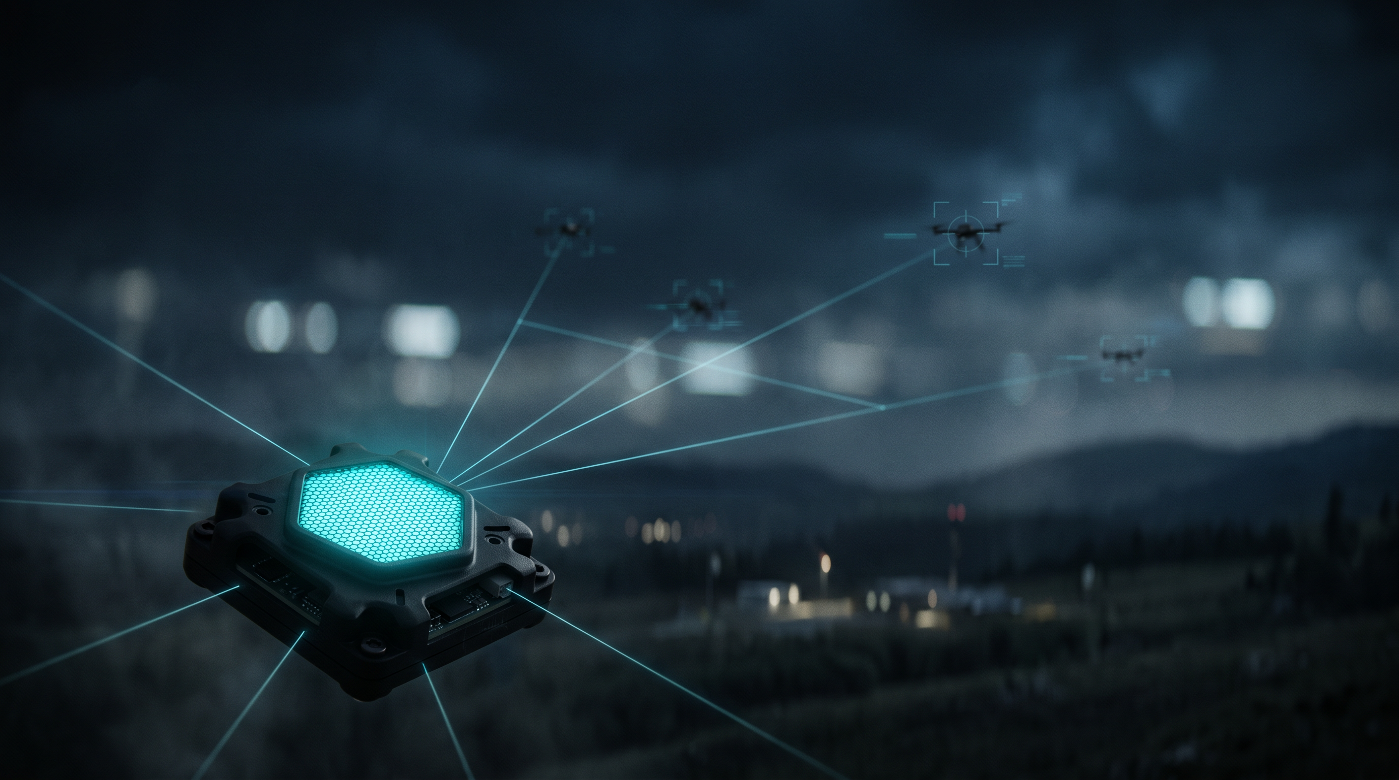 A glowing cyan sensor-mesh node tracks and reticles distant drones at night
