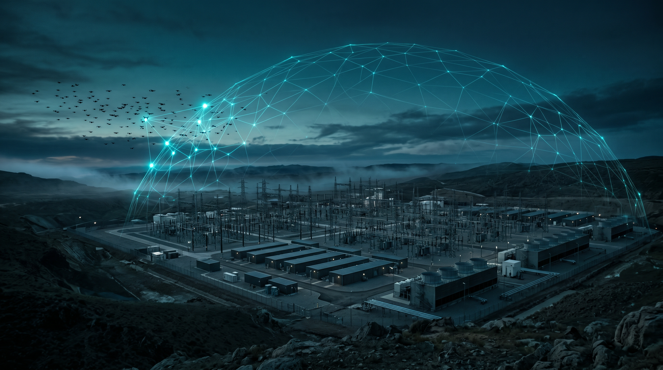 A distributed cyan sensor mesh forms a protective dome over a power substation, intercepting an incoming drone swarm at dusk