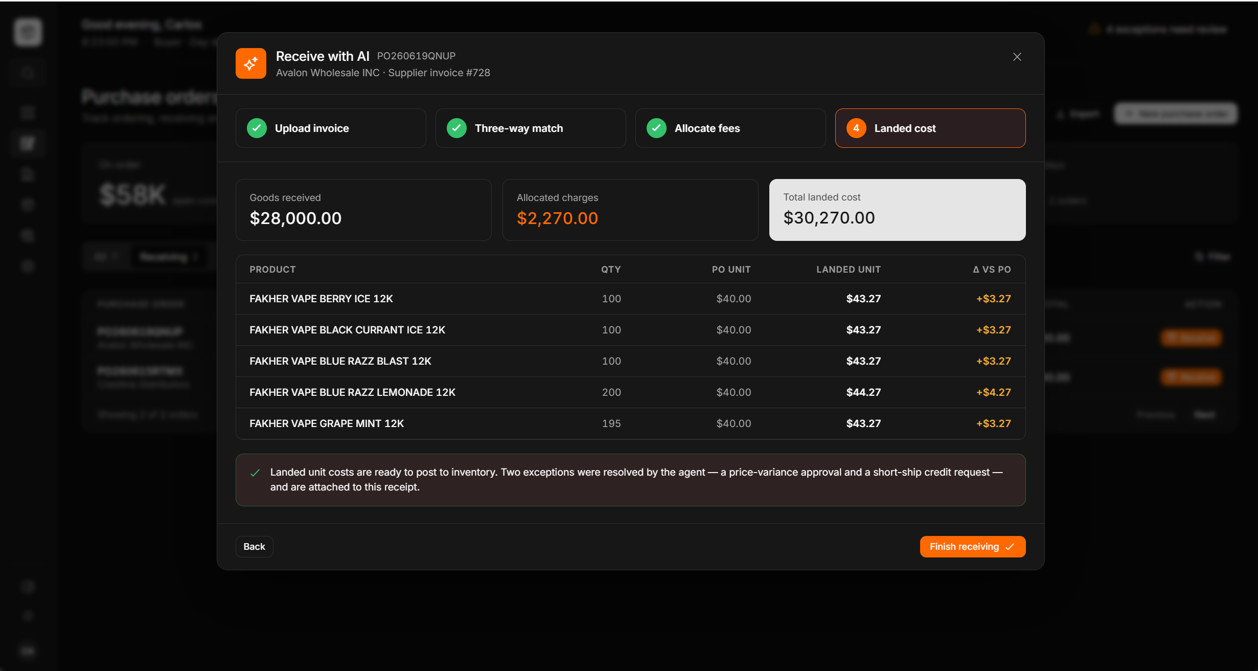 Landed cost summary showing goods received, allocated charges and total landed cost, with per-SKU landed unit cost and delta versus PO ready to post to inventory