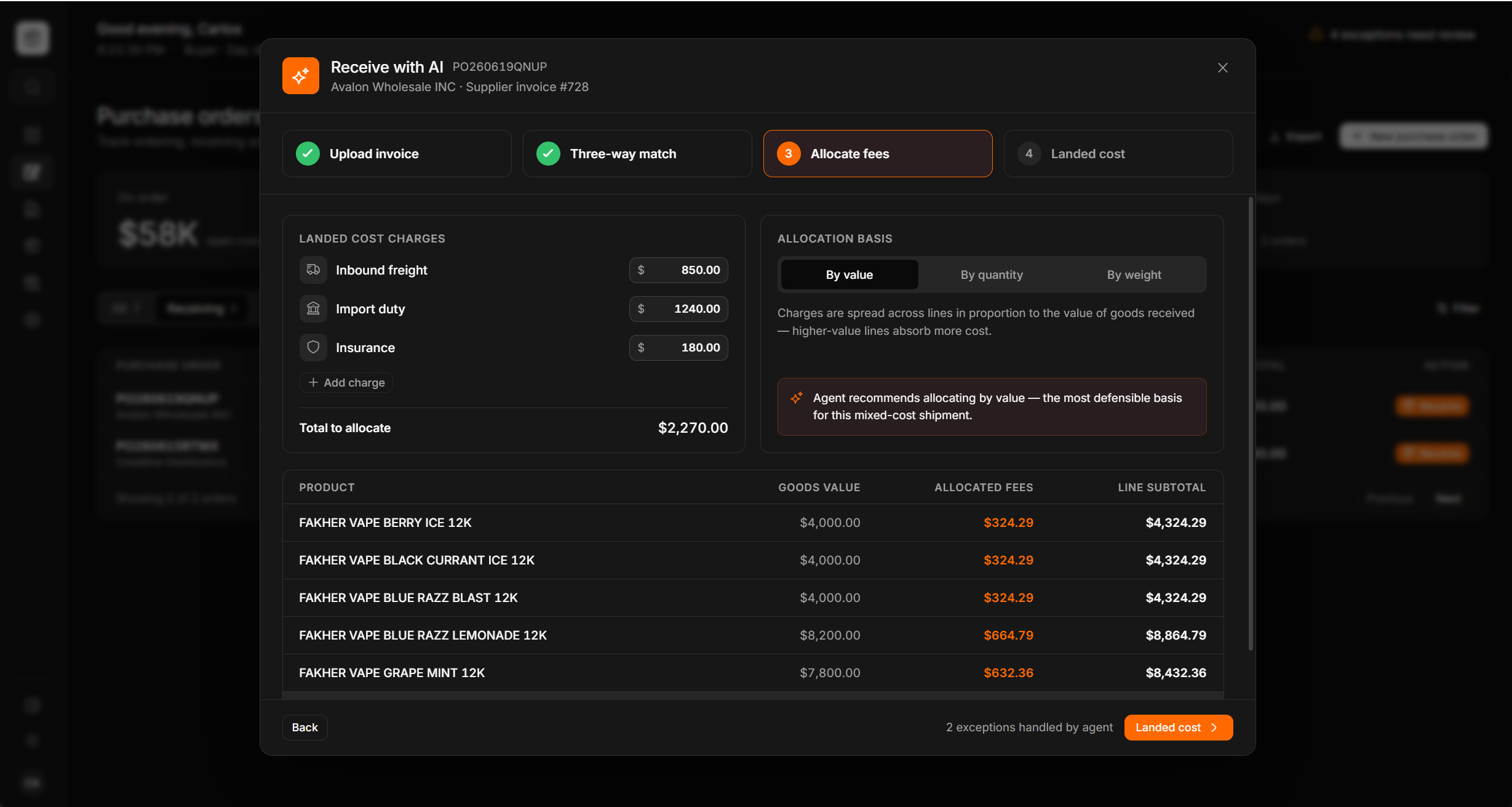 Allocate fees step listing inbound freight, import duty and insurance charges with a by-value/quantity/weight basis and fees spread proportionally across each product line