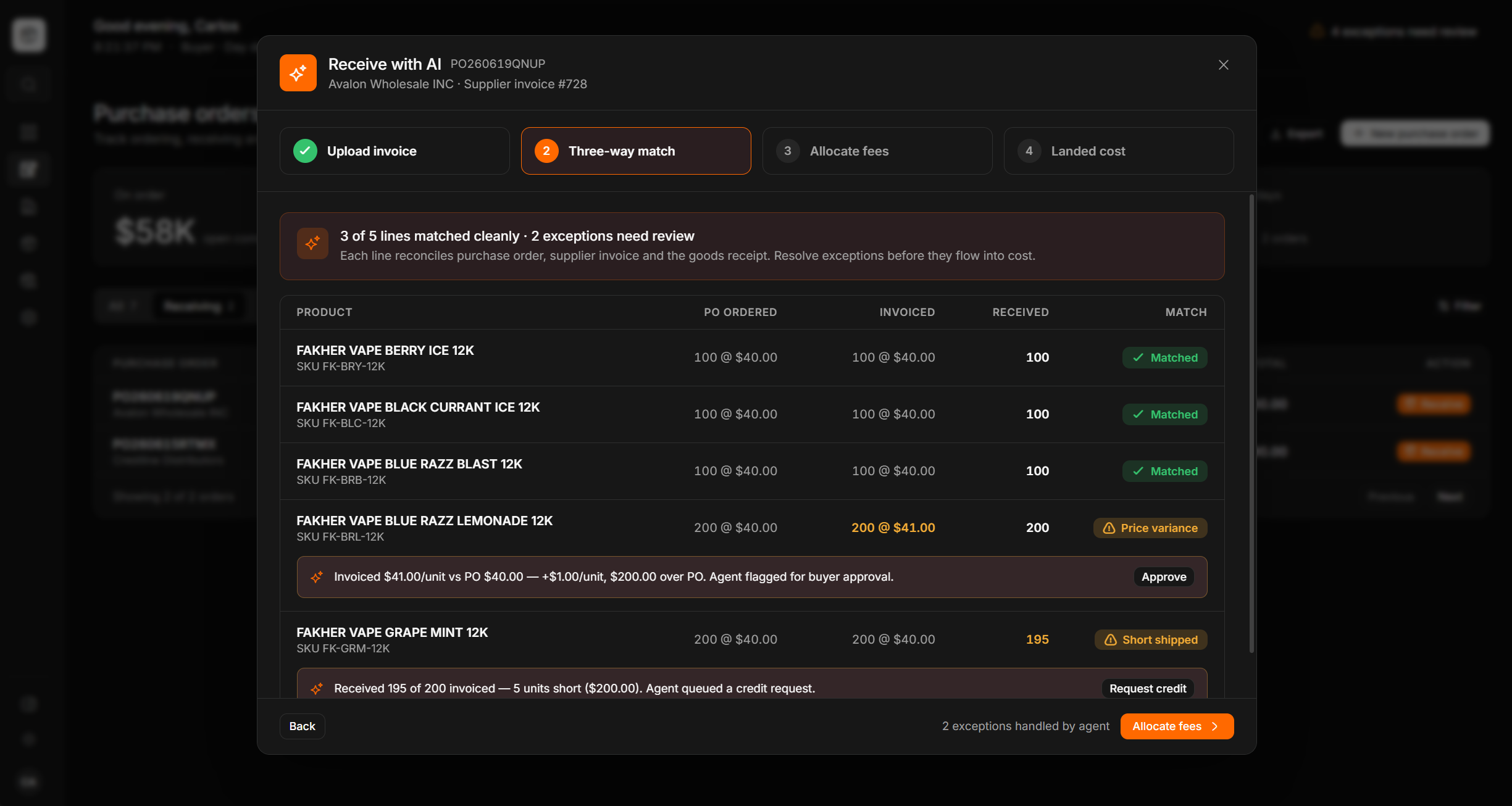 Three-way match step reconciling PO ordered, invoiced and received quantities, with most lines matched and two exceptions flagged for price variance and short shipment