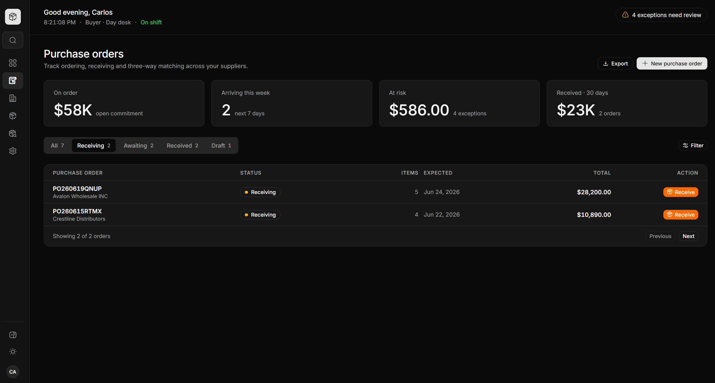 Mira purchase orders desk with KPI tiles for on-order commitment, arriving this week, at-risk dollars and received, above a worklist of POs in the receiving stage