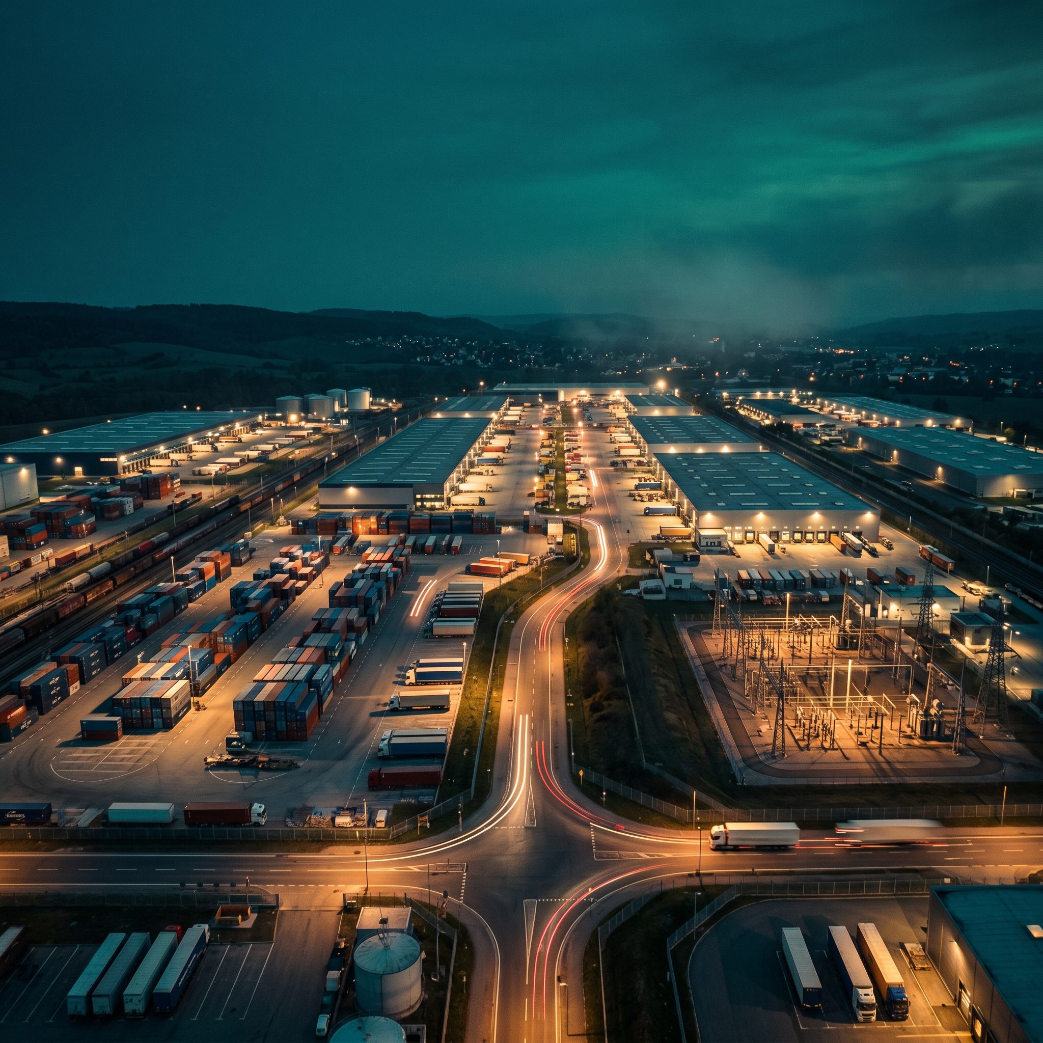 Aerial view of a logistics and industrial operations site at dusk