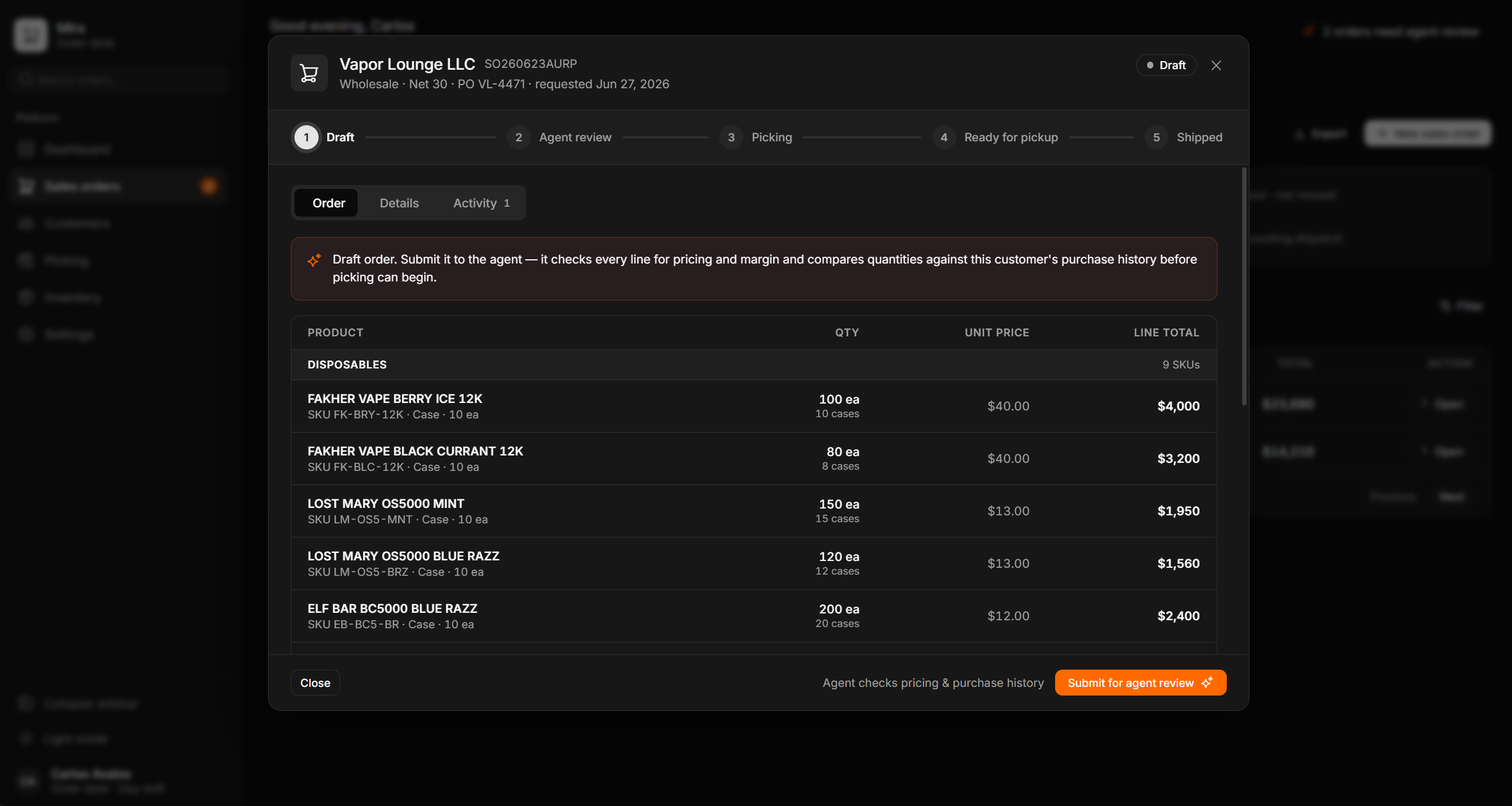Draft sales order for Vapor Lounge LLC listing SKUs with case/each quantities, unit prices and line totals, with a 'Submit for agent review' action that checks pricing and history