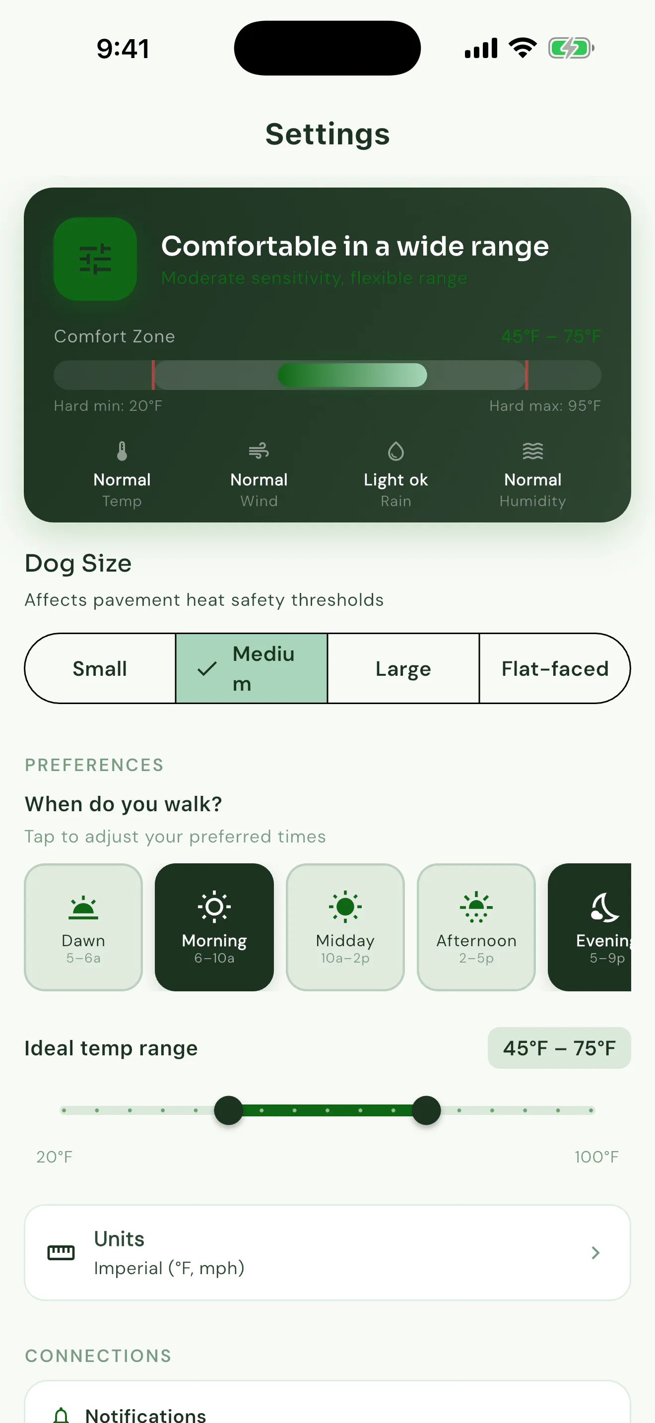 Walk Window settings showing walking preferences
