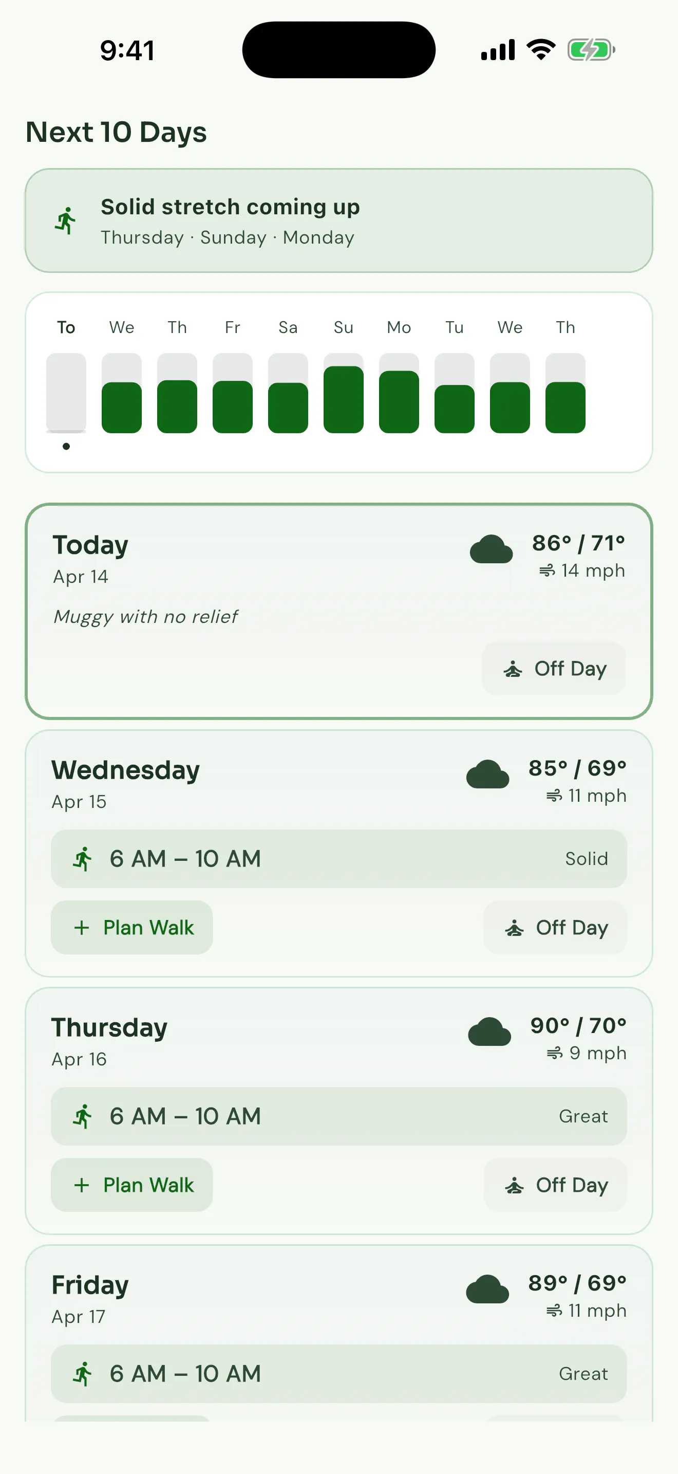 Walk Window 10-day walking forecast with the best hour shown for each day
