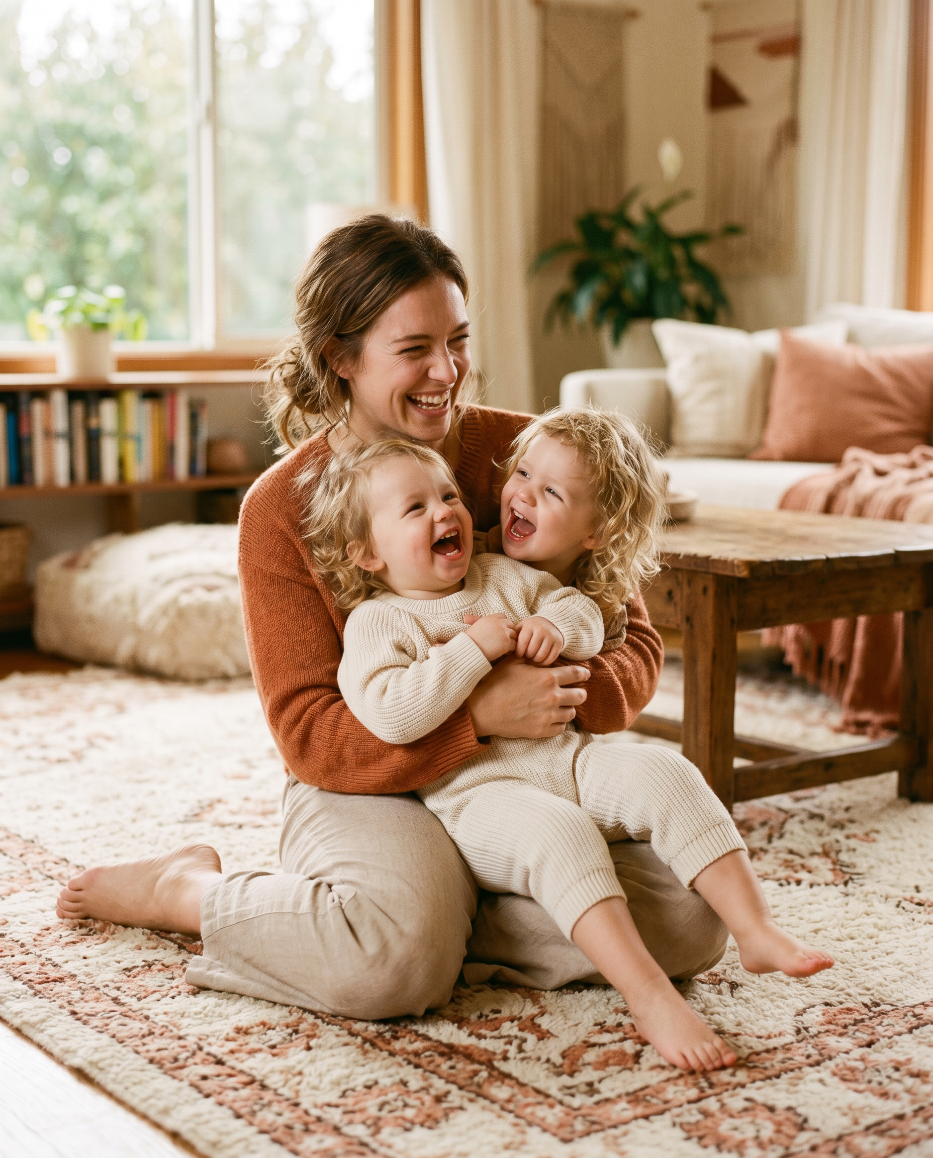 A mother laughing with her two giggling toddlers on a living room rug