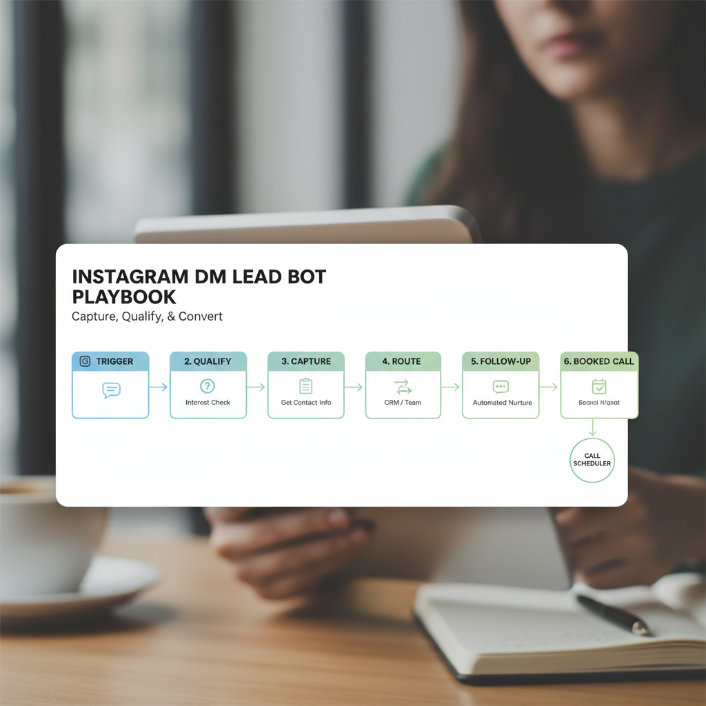 Flow diagram of an Instagram lead generation bot capturing a DM lead and booking a call