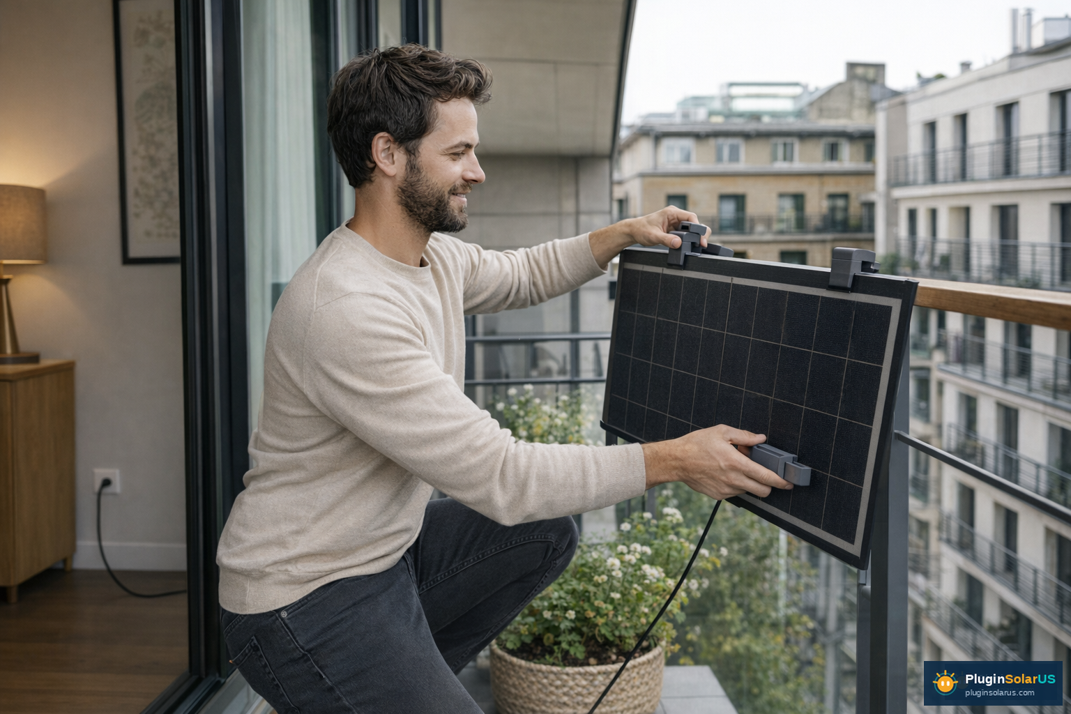Person installing a compact solar panel on an apartment balcony