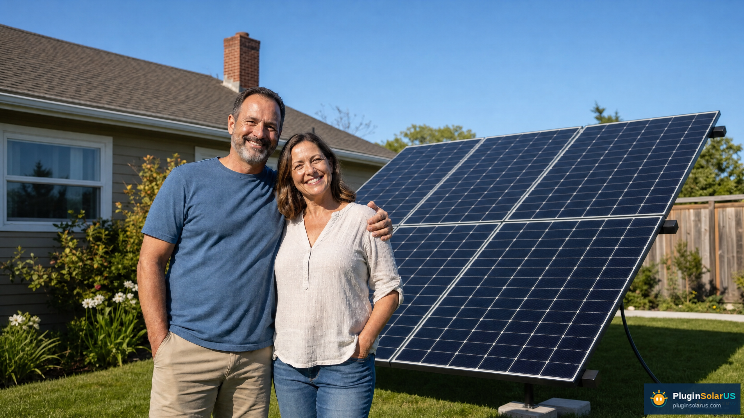 Homeowner couple standing next to their new plug-in solar system