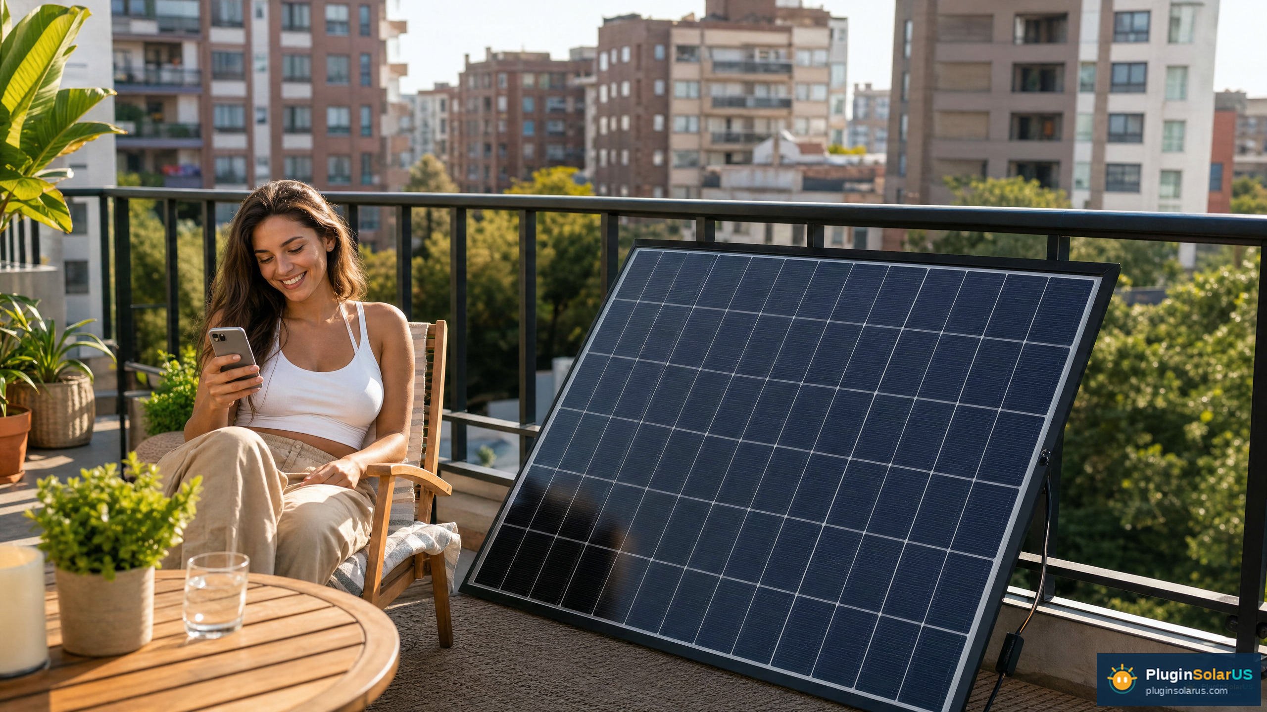 Renter setting up a plug-in solar panel on an apartment balcony
