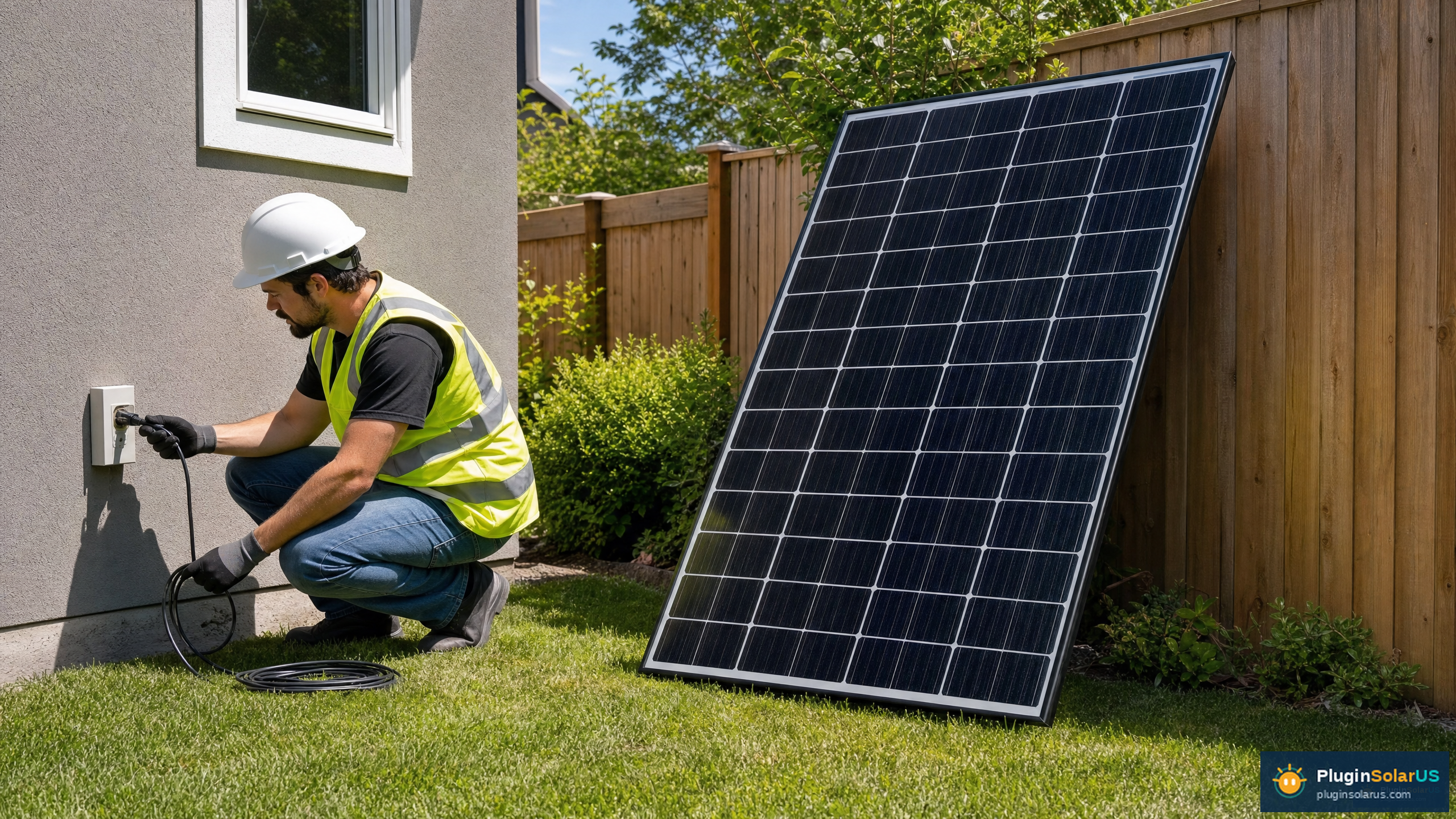 Solar installer showing a homeowner a plug-in solar system on their patio