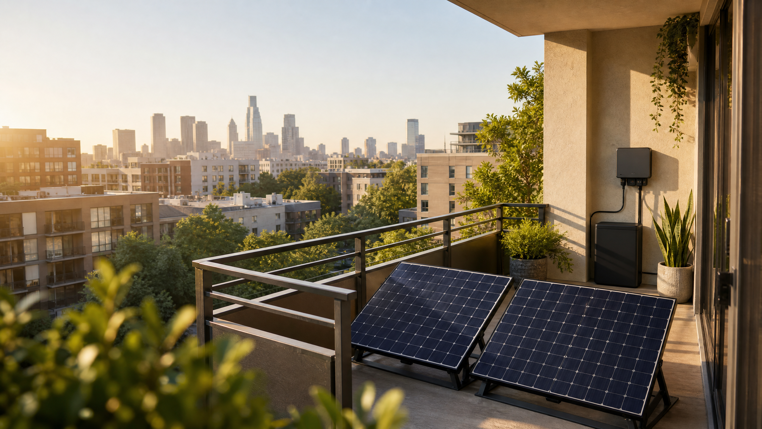 Compact balcony solar panels secured on freestanding mounts inside a U.S. apartment balcony