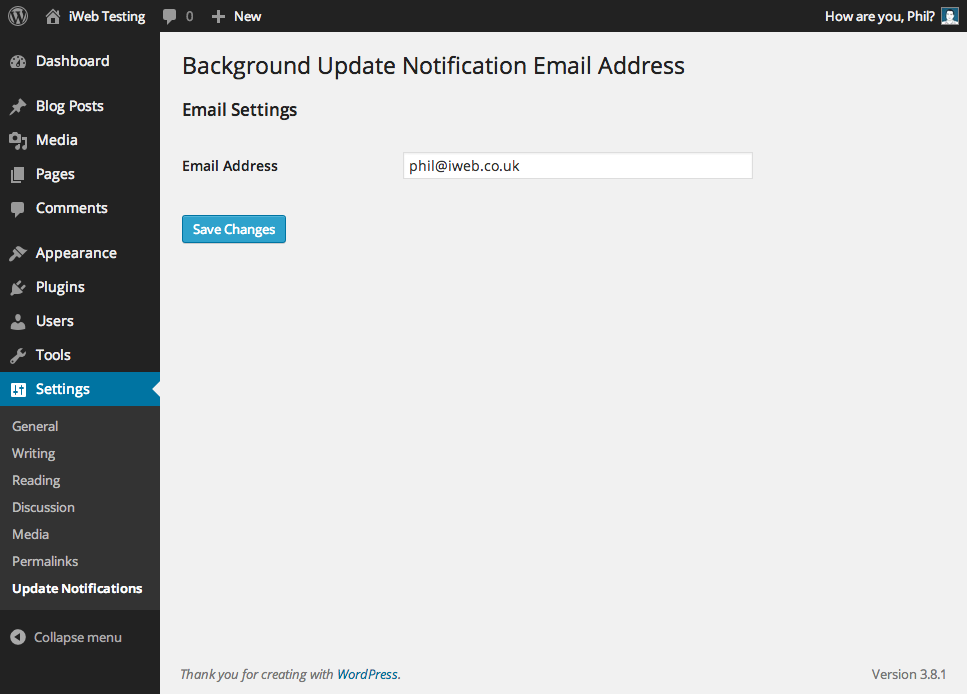 Background Update Notification Email Address