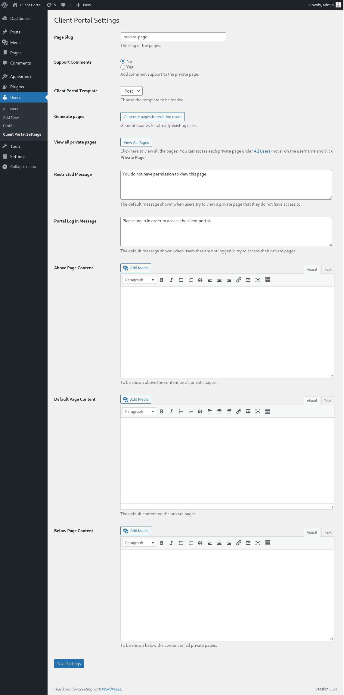 Client Portal – Private user pages and login