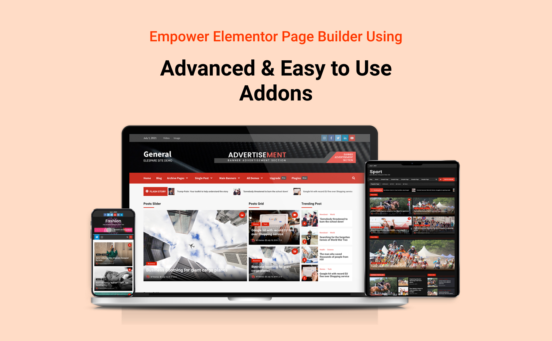 Elespare &#8211; News, Magazine and Blog Elements &amp; Blog Addons for Elementor with Header Footer Builder. One Click Import: No Coding Required!