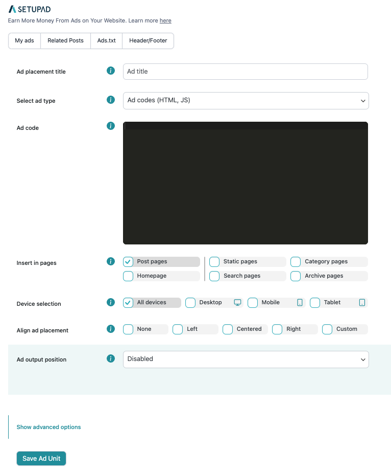 Setupad WP Ads