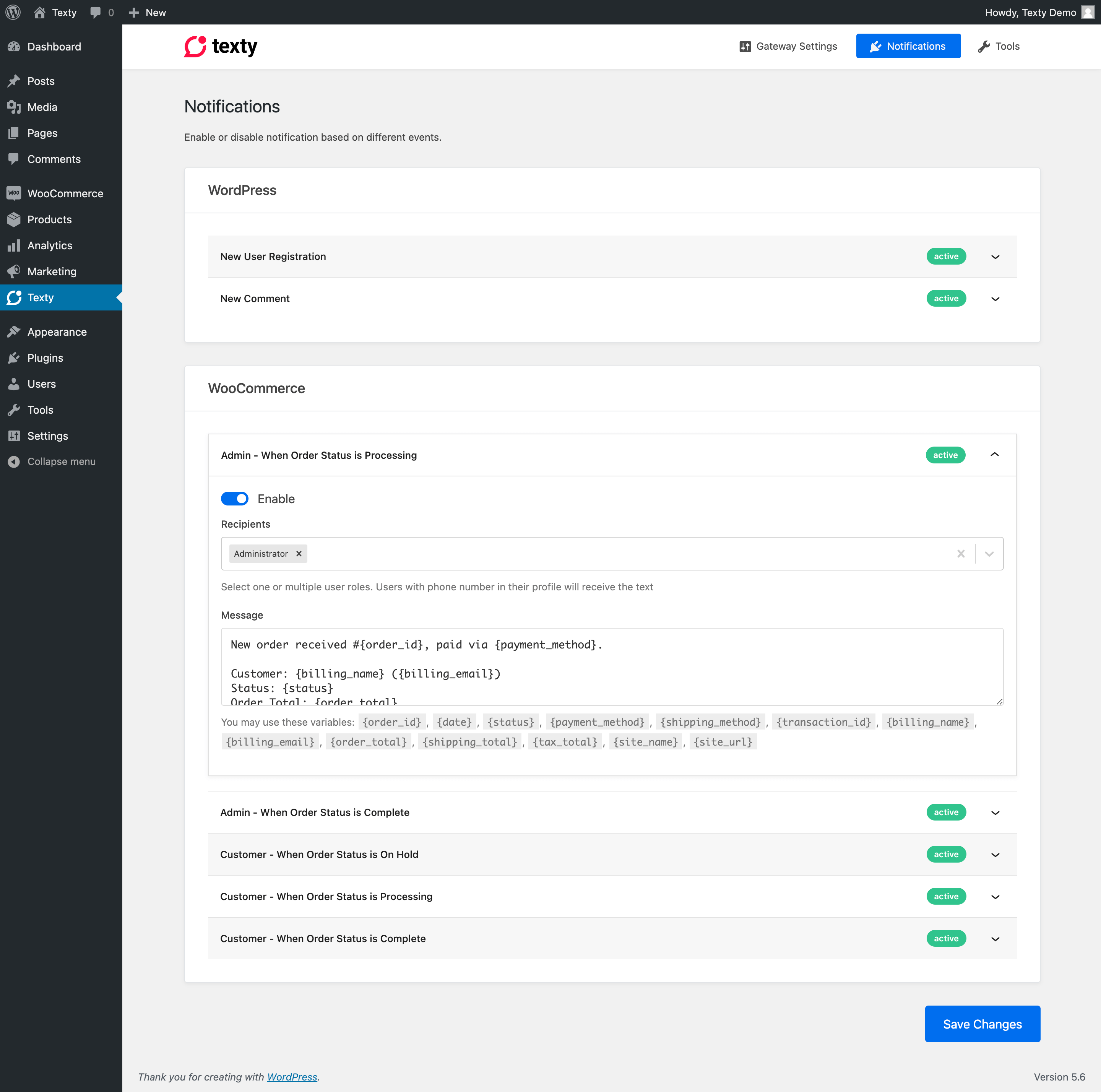 Texty – SMS Notification for WordPress, WooCommerce, Dokan and more