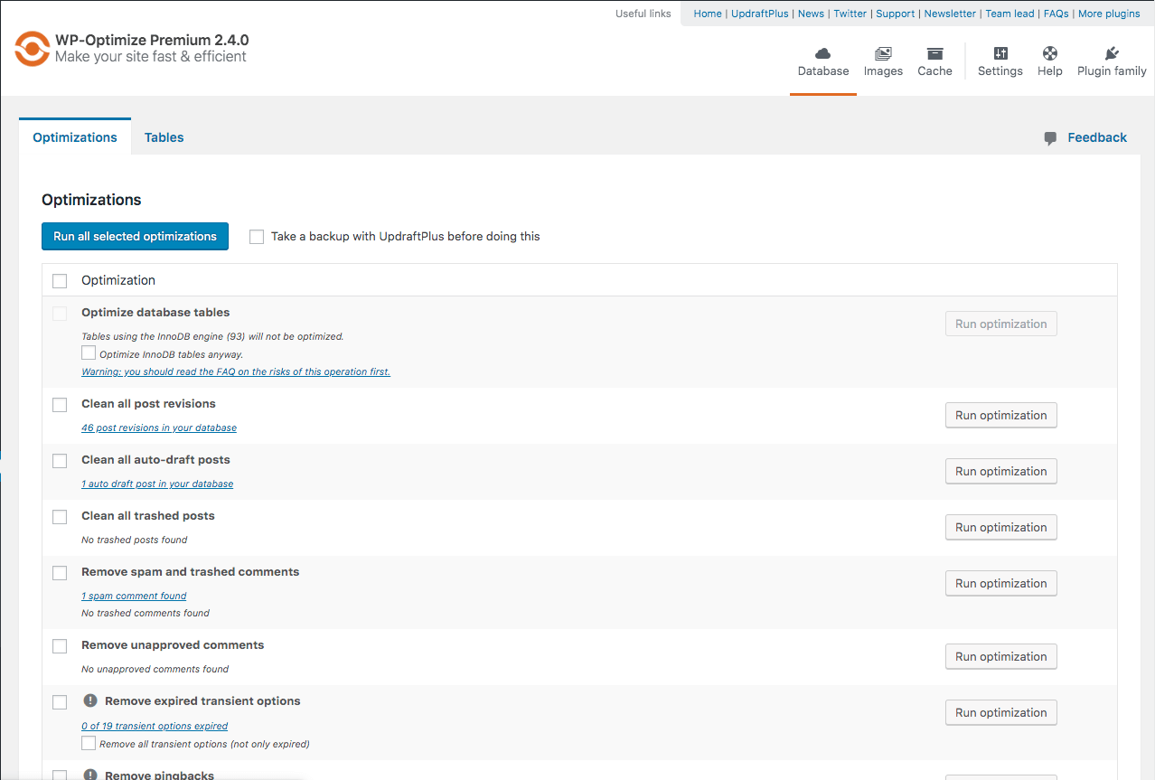 WP-Optimize – Cache, Compress images, Minify & Clean database to boost page speed & performance