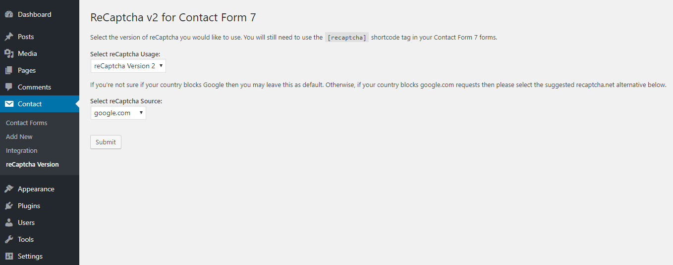 ReCaptcha v2 for Contact Form 7