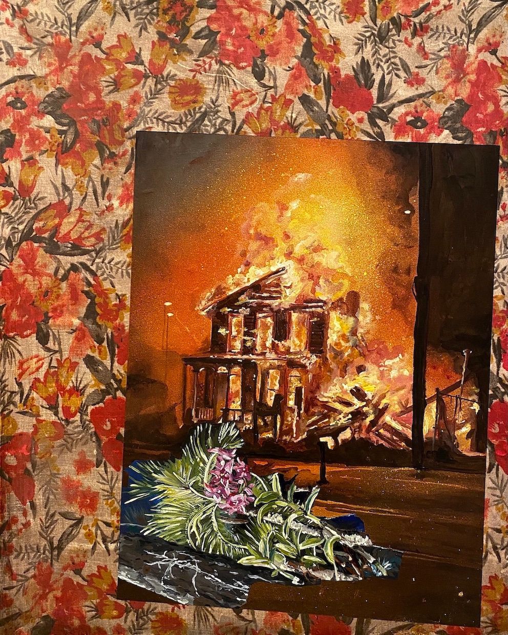 Gabrielle Lajoie-Bergeron, "Fire and Flowers", 50.8 × 40.6 cm, Peinture vinylique et peinture aérosol sur tissus marouflé sur panneau de bois / Vinyl paint and spray paint on fabric mounted on wood panel, 2024, 1600 $, Artroduction