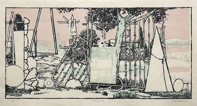 Dil Hildebrand, "Palissade", 30.0 × 54.0 cm, Gravure en relief sur papier kozo, monotype / Woodblock relief print on kozo paper, monotype, 2023, 1610 $, Pierre-François Ouellette art contemporain