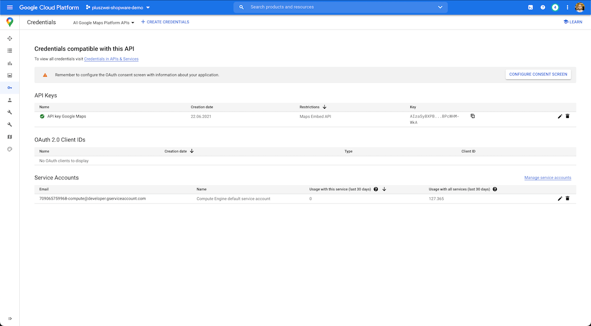 Overview over all your Google Maps API keys