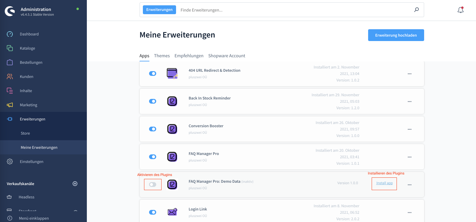 Installieren und aktvieren faq demo data