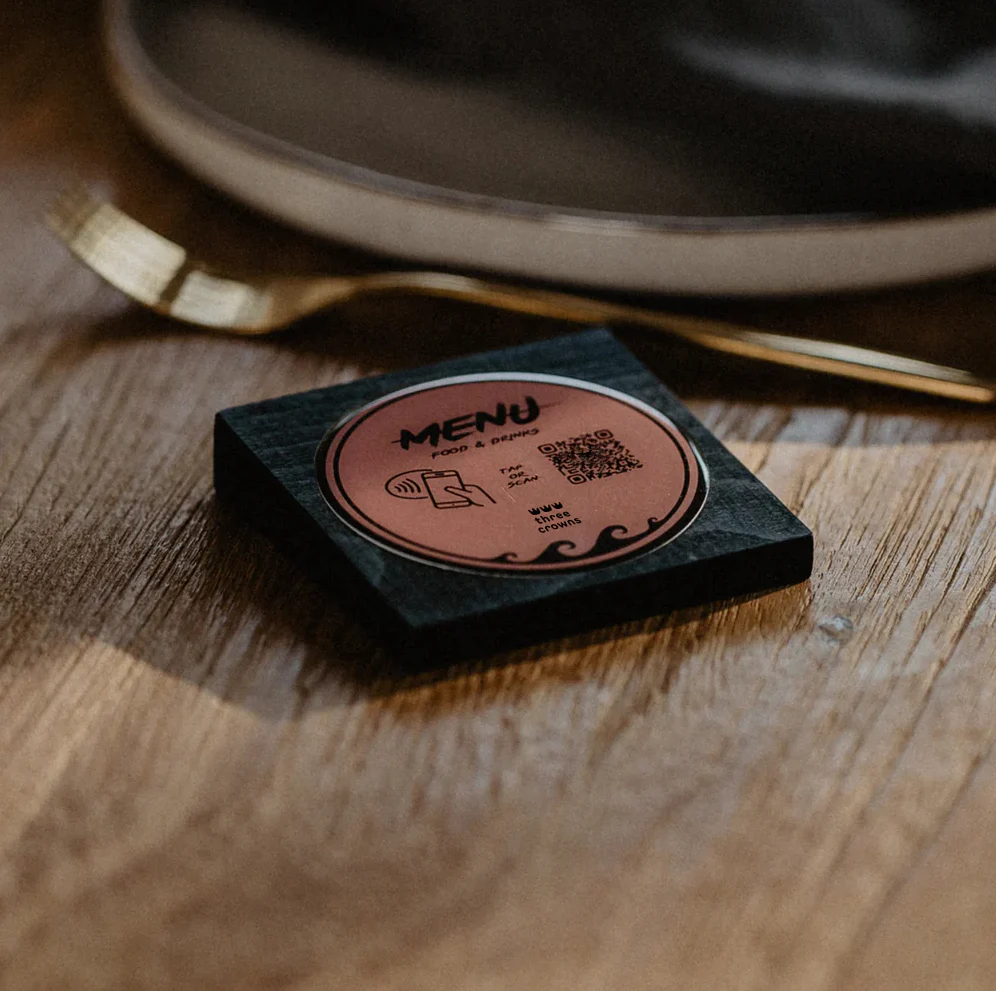 QR code wooden table topper (angled) 1