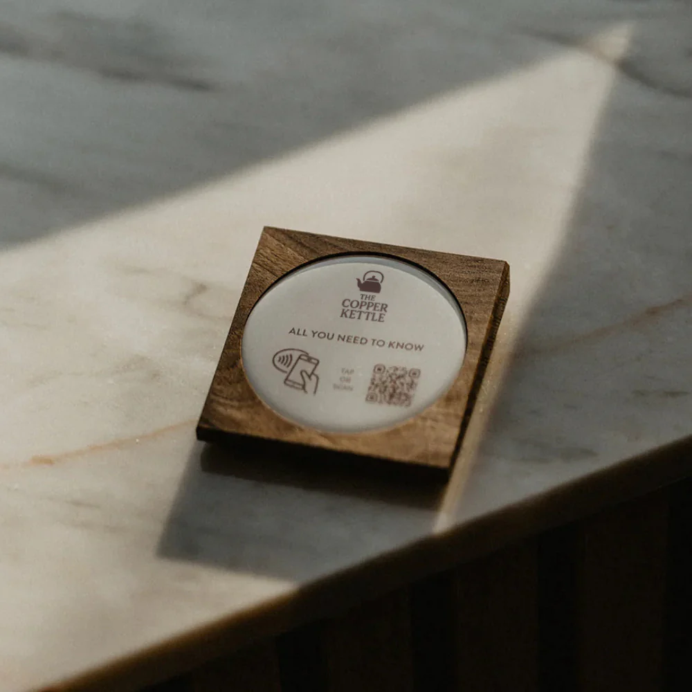 QR code wooden table topper (angled) 2