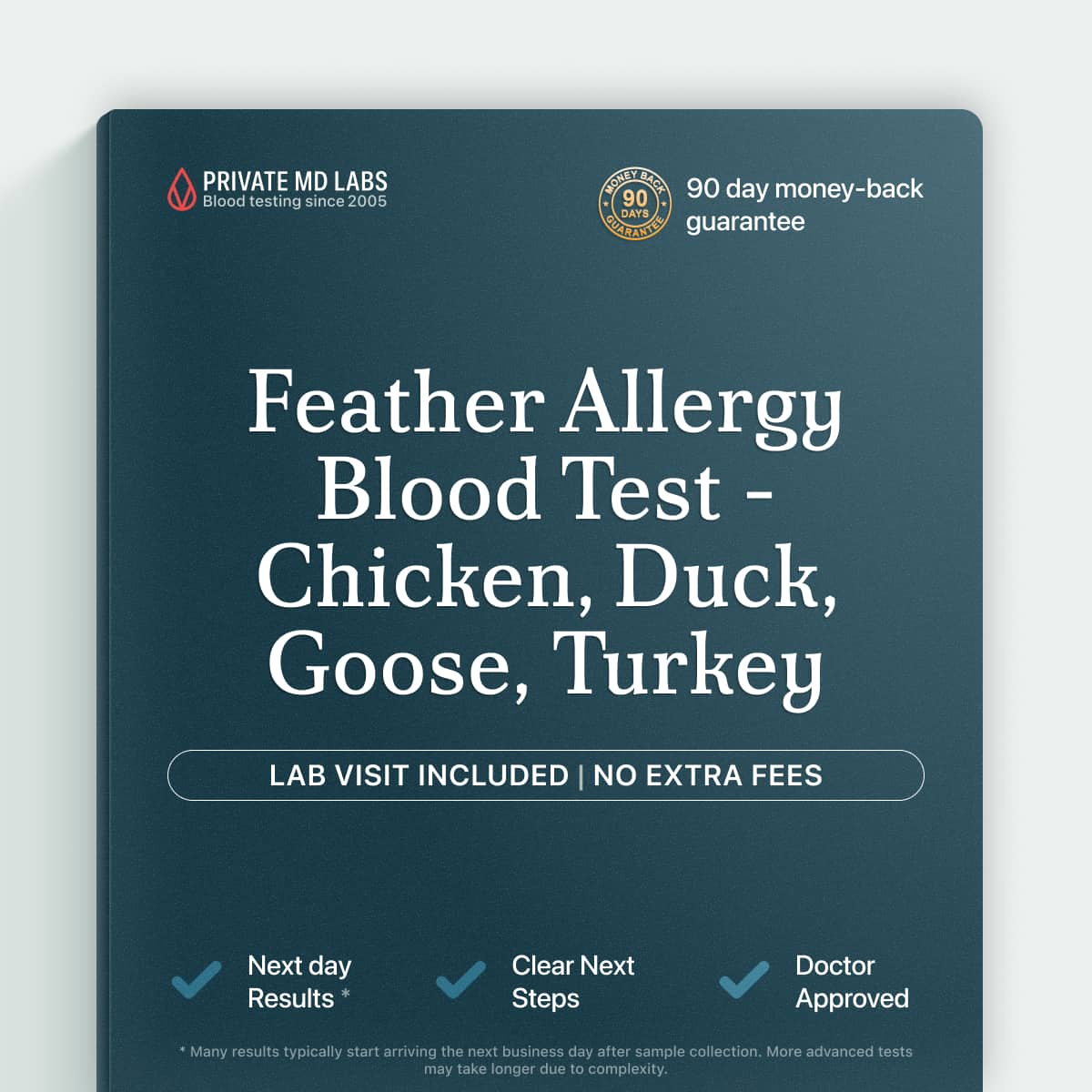 Feather allergy IgE test for chicken, duck, goose, and turkey sensitivity