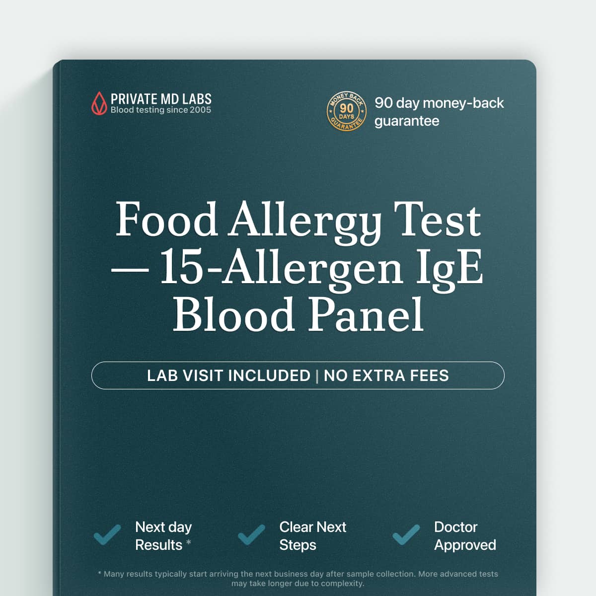 Food allergy IgE panel testing 15 common allergens like peanut, milk, and shellfish