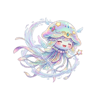 手持閃亮星星魔杖的彩虹水母精靈角色，在空中漂浮