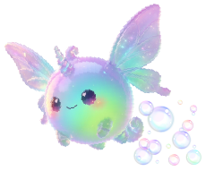 角發著光、翅膀灑落閃爍靈粉的彩虹泡泡蝴蝶小精靈角色