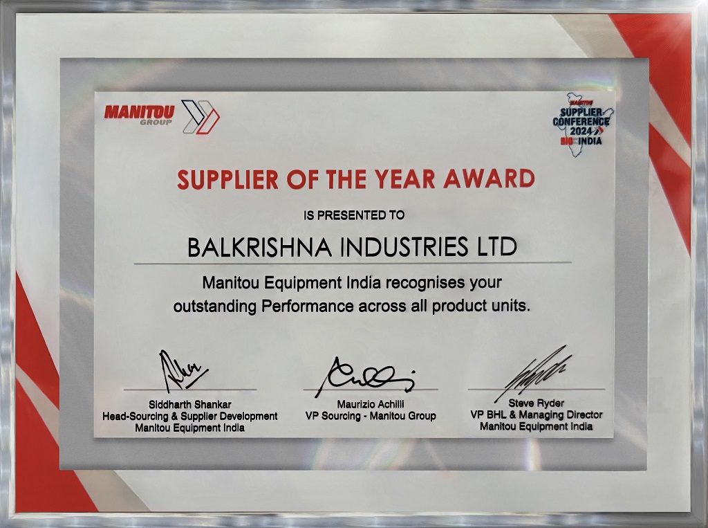 BKT si aggiudica un nuovo premio e viene eletta Supplier of the Year da Manitou Equipment India