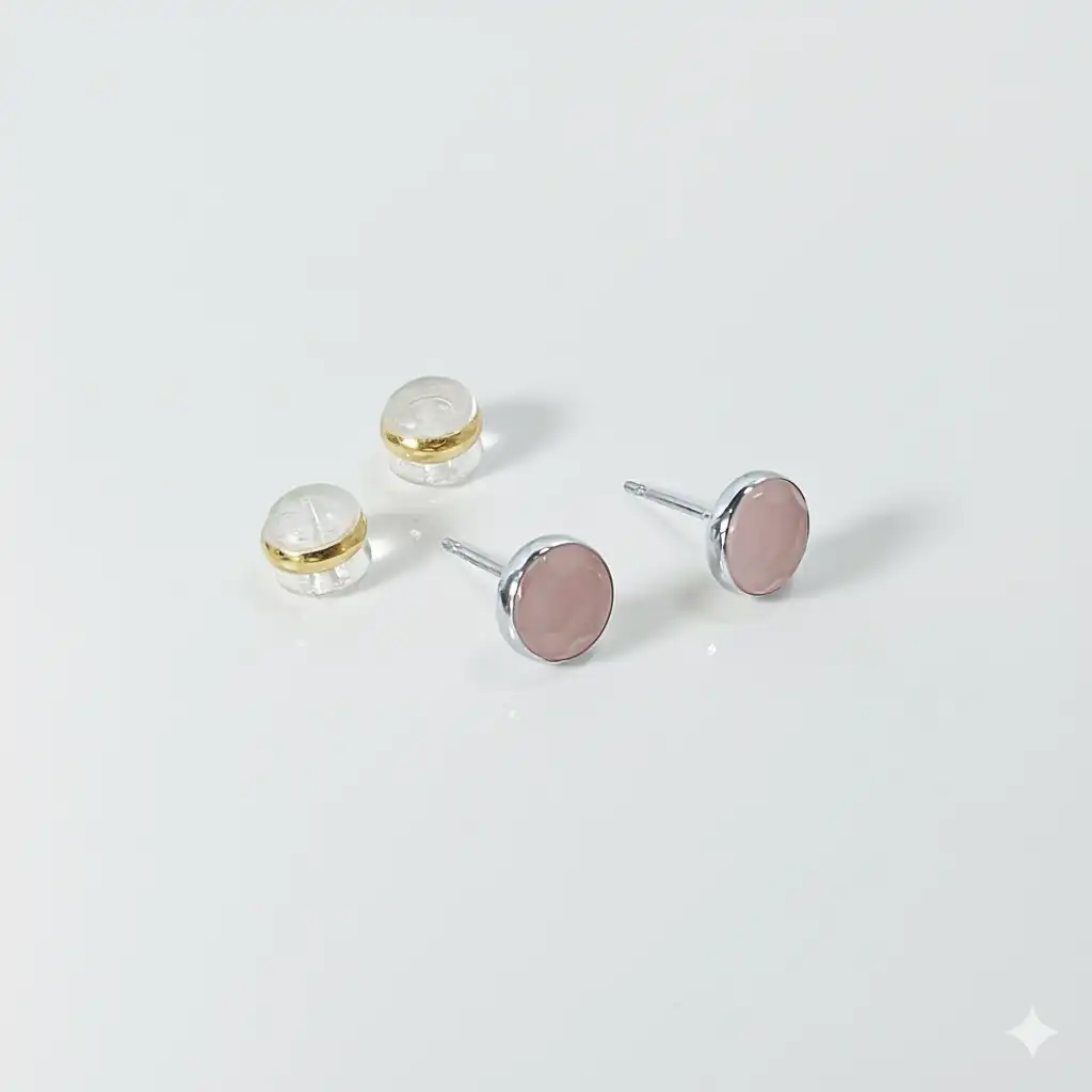 עגילים צמודים עם אבן רוזקוורץ זהב 14K