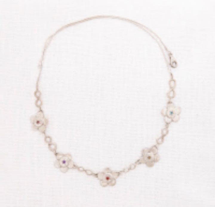 שרשרת כסף 5 פרחים משובצים סטרין צהוב, גראנאט אדום, טופז תכלת,