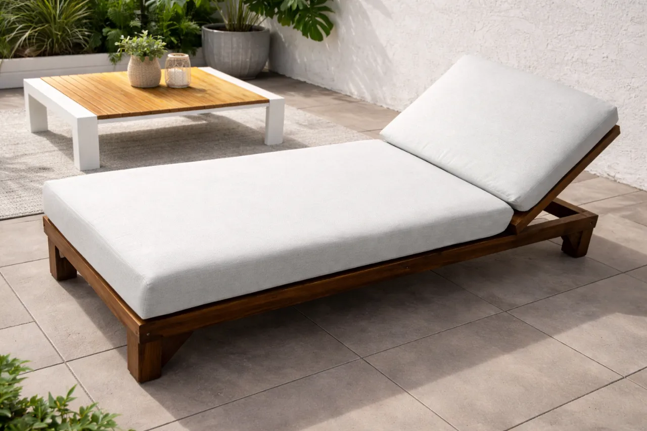 מיטת שיזוף מעץ בשילוב עם ריפוד שמנת