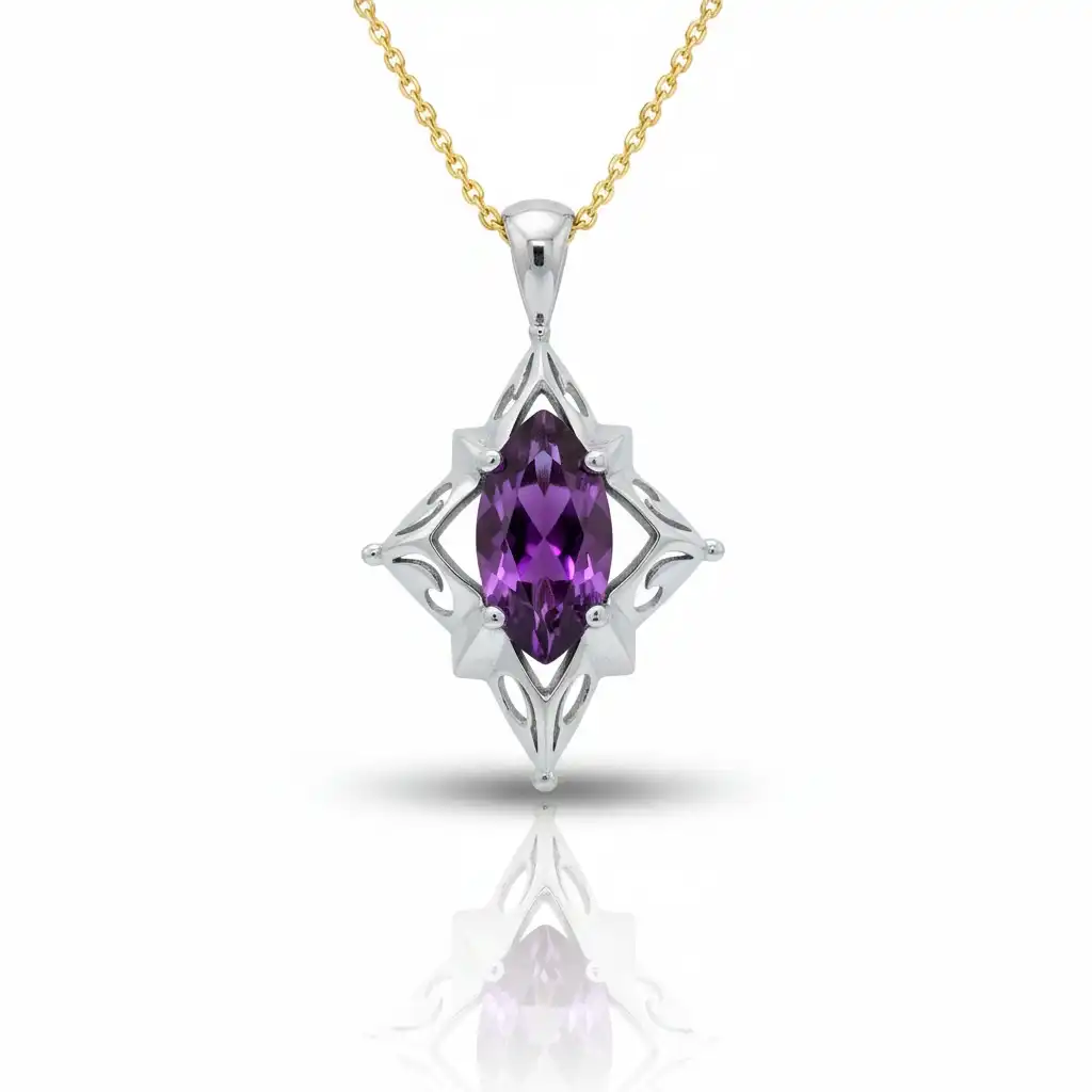 תליון זהב 14K מובץ באבן אמתית אמטיסט כולל שרשרת זהב 14K