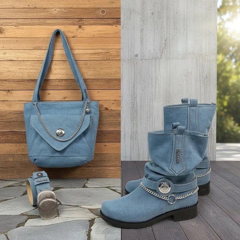 מגף ג'ינס בהיר + תיק + חגורה